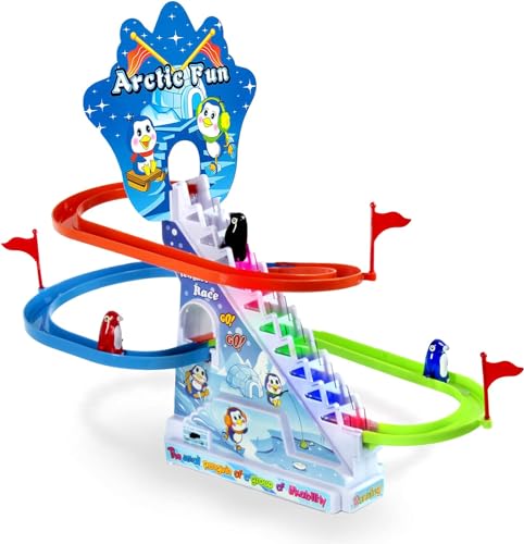 Arctic Fun Penguin Slide Toy Set: Sliding Track Set Stair Climbing Penguins | Playset with Music On/Off Switch for Quiet Play Option