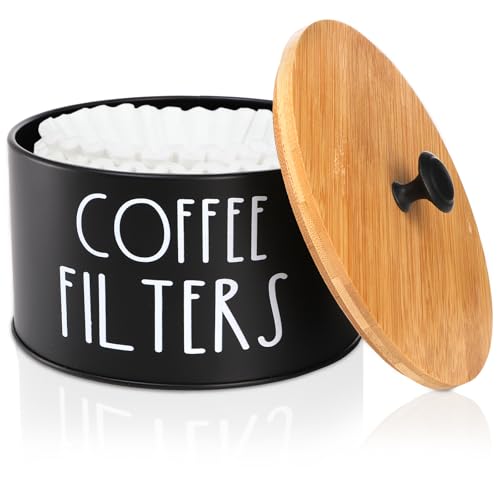 Acshio Coffee Filter Holder, Large Capacity Coffee Filter Storage Container with Bamboo Lid, Metal Coffee Filter Dispenser Pod Organizer Basket Accessory for Bar Counter Decor