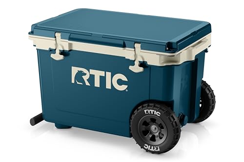 RTIC 52 Quart Ultra-Light Wheeled Hard Cooler Insulated Portable Ice Chest Box for Beach, Drink, Beverage, Camping, Picnic, Fishing, Boat, Barbecue, 30% Lighter Than Rotomolded Coolers, Marine/Canvas