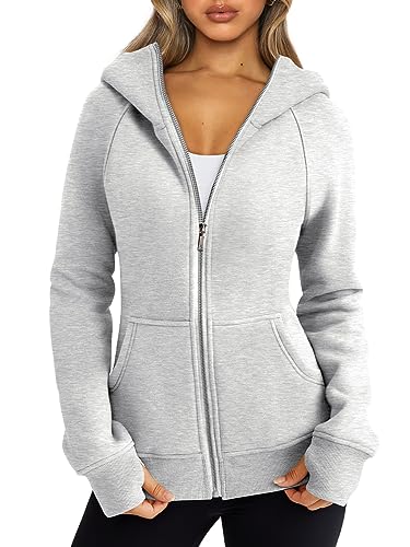 Trendy Queen Womens Zip Up Hoodies Fleece Jackets Oversized Sweatshirts Fall Fashion Outfits Sweaters Winter Clothes Grey M