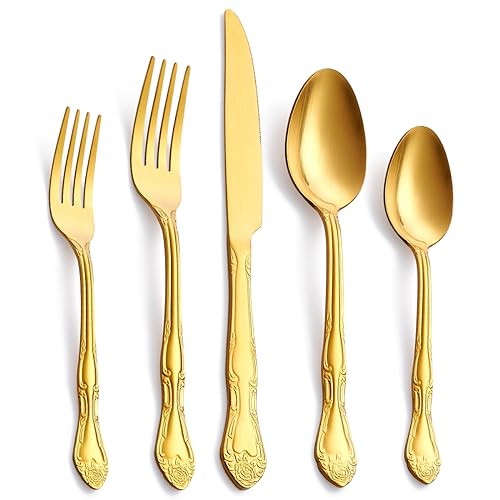 30-Piece Gold Silverware Set, FULLYWARE Stainless Steel Satin Finish Flatware Cutlery Set include Forks, Spoons and Knives, Rose Pattern Design, Service for 6