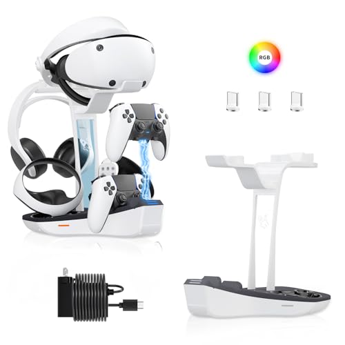 AceGamer Dual Charging Station for PS5 and VR2 Controllers, 4-In-1 Charging Dock for PS VR2 with VR Headset Display Stand, Headphone Holder, LED Lights & 3*Magnetic Connectors, Electronics Accessories
