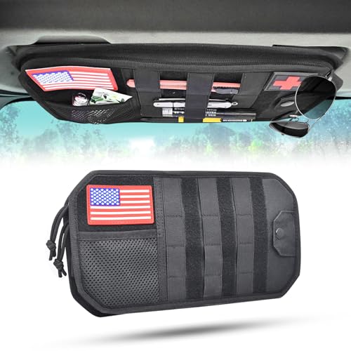 1000D Sun Visor Organizer with Zipper Visor Storage Pouch, Car Sunglasses Holder, Hard Molle Panel for Tactical Gears, Fits Most Car, SUVs, and Trucks