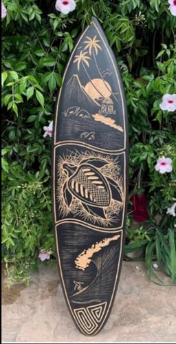 The Tiki Stop Handcrafted Wooden Surfboard Wall Art, Sea Turtle, Surfer, Tropical Island Design, 39 x 10 inches