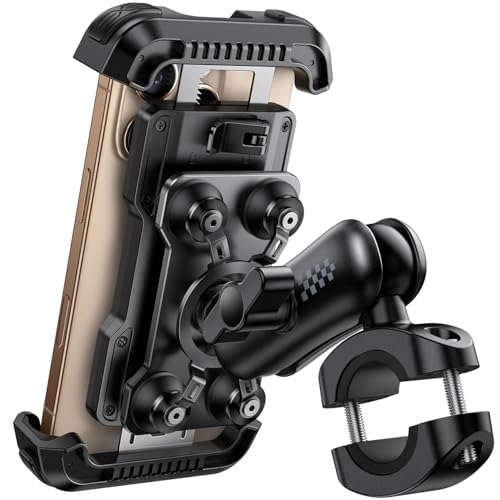 Aomiker Motorcycle Phone Mount Holder - [Metal Extension Arm] [Dual Vibration Dampener] Motorcycle Cell Phone Mount, Bike Phone Handlebar Clamp for iPhone 16 15 14 13 Pro Max Plus, 4.7-6.7" Smartphone