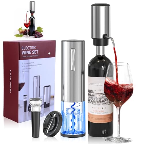 BGFOX 4-in-1 Rechargeable Electric Wine Opener Wine Aerator Gift Set with Electric Wine Decanter, Wine Stopper, Foil Cutter, Automatic Electric Wine Bottle Opener for Home Bar Parties, Stainless Steel