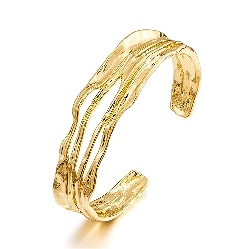 ENSKEFEN Gold Cuff Bracelets for Women Hammered Open Cuff Bangles Adjustable Gold Bracelets Irregular Bangle Bracelet