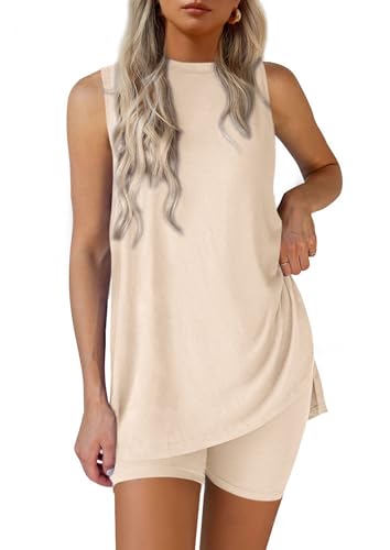 PRETTYGARDEN 2 Piece Sets for Women 2025 Summer Matching Lounge Shorts Set Resort Airport Travel Loungewear Outfits Clothing (Beige,Medium)