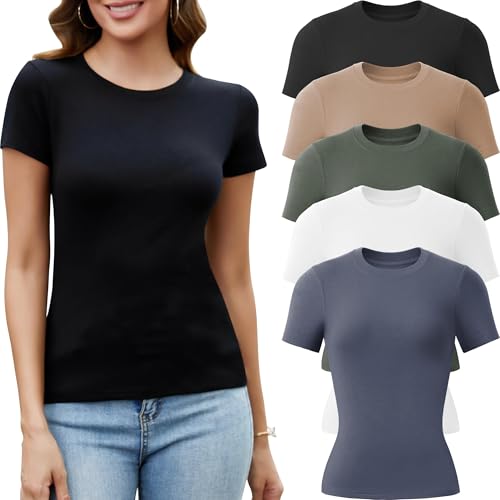 TYCTOS 5 Pack Crew Neck T Shirts for Women Daily Casual Womens Fitted Tshirt Basic Tops for Women Stretchy Womens Tees 5 Pack: Dark Blue&Olive Green&Black&White&Nude Small