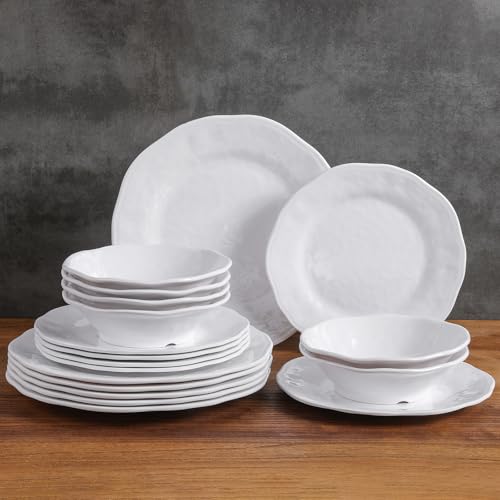 ZAROCRUS White Melamine Dinnerware Set, 18 Pcs Lightweight and Unbreakable Outdoor Plates and Bowls Sets, Camping Melamine Dishes Set for 6, Chip Resistant Kitchen Plates for Indoor and Outdoor Use
