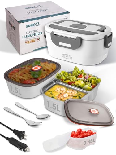 SOHIDA Heated Lunch Box, 80W Electric Lunch Box with Two 1.5L Stainless Steel Interchangeable Containers and Lids, 12V/24V/110V Food Warmer with Utensils and Insulated Bag for Car/Truck/Office (White)
