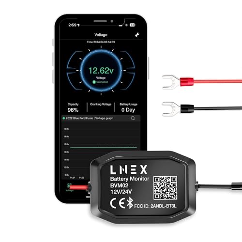 LNEX Bluetooth Battery Monitor，Wireless 12V 24V Automotive Battery Load Tester with Charging & Cranking Test & Alarm for Solar Power Systems/RVs/Motorcycles/Boats/Cars/Trucks