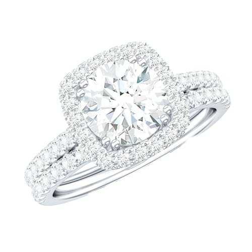 Certified Moissanite Diamond Bridal Halo Ring Set - D Color VS1 Clarity | Moissanite Engagement Ring Set - With Jewelry Box, 10K White Gold, Size:US 9.75