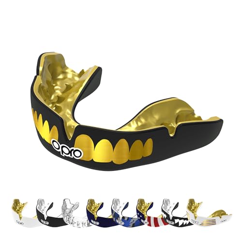 OPRO Instant Custom-Fit Mouth Guard, Dentist-Level Comfort, Protection & Fit - Moldable Mouthguard for Football, Boxing, Rugby, MMA, BJJ, UFC Mouth Piece- Includes Mouth Guard Case (Gold Teeth, Adult)
