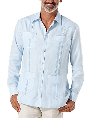 Cubavera Men's Regular 100% Linen Four-Pocket Long Sleeve Button Down Guayabera Shirt (Size Small-5X Big & Tall), Cashmere Blue, Medium