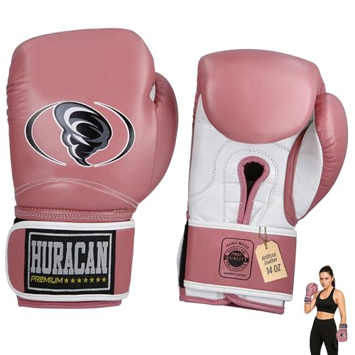 Boxing Gloves for Men & Women – Velcro Strap Sparring Gloves for Training, Kickboxing, MMA & Muay Thai – Anti-Injury System – Artificial Leather 14 oz Pink & White – Huracan Premium