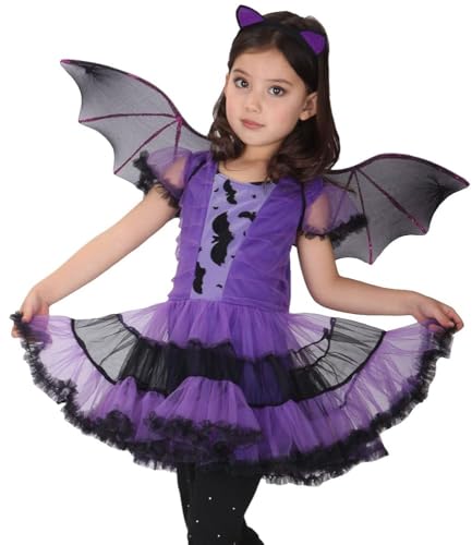 EOZY Girls Bat Vampire Costume Kids Halloween Clothes Animal Cosplay Purple Dress (7-9 Years)