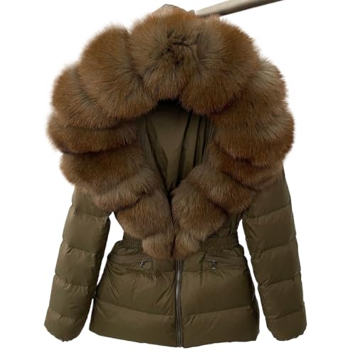 OFTBUY Winter Jacket Women Natural Real Raccoon Fox Fur Hooded White Duck Down Coat Belt Thick Warm Casual Outerwear (Medium,23)