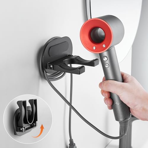 TBPDD Hair Dryer Holder Wall Mounted,New Upgrade90’ Foldable design Improve space ytilization，Space Organizer for Bathroom Bedroom Washroom (Black, Aluminum Alloy)