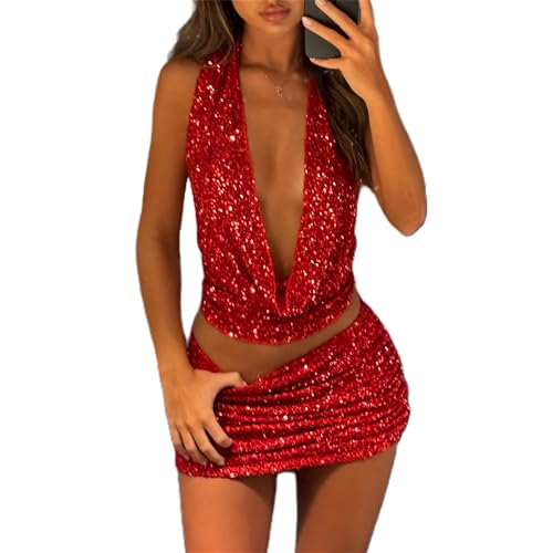 Mylleure Women Sequin 2 Piece Outfit Sparkly Sexy Bodycon Sleeveless Halter Crop Top Split Mini Skirt Set Going Out Club Suit (Red, L)