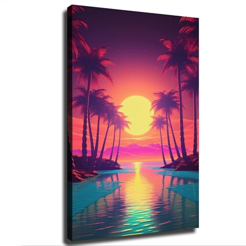Vaporwave Style Sunset Landscape Canvas Poster Holiday Gift HD Picture Modern Aesthetics Mural Wall Art Decoration (24×36inch-Framed)