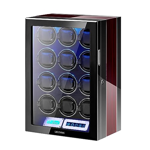 LELTNSOU Watch Winder for 6/12 Winding Spaces Automatic Watches, Ultra-Quiet Japanese Motors, Built-in LED Illumination and LCD Touchscreen Control (Wooden 12Slot Mechanical Lock)