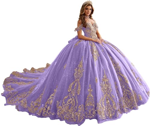 YuVanty Gold Appliques Quinceanera Dresses Lilac and Gold Puffy Ball Gown with Bow Shiny Beaded Sweet 16 Dress with Butterly Spaghetti Straps Prom Gown with Train 4
