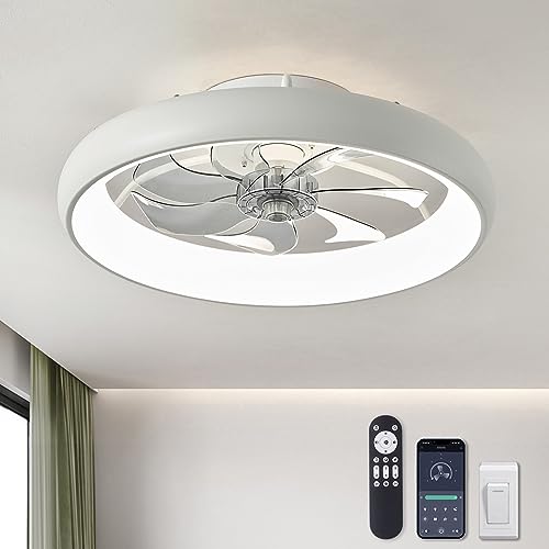 LUDOMIDE Modern Dimmable LED Ceiling Fan with Lights, 20'' Low Profile Flush Mount, 6 Wind Speeds, Smart Ceiling Fan for Bedroom, Kids Room (White)