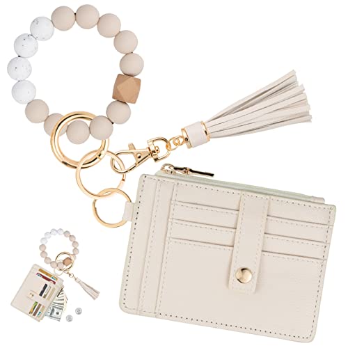 KNGITRYI Wallet Keychain Wristlet for Women,Slim RFID Credit Card Holder Purse Tassel Keychain Bangle Key Ring for Men Women(Beige)