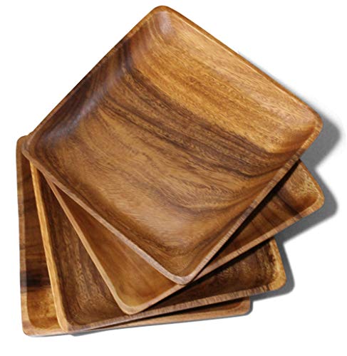 WRIGHTMART Acacia Wooden Plates – Set of 4, 10 Inch Square Rustic Wood Platters – for Food, Dining, BBQ Parties & Picnics, Durable, Handcrafted to Last, Joint Free, Continuous Beautiful Grains