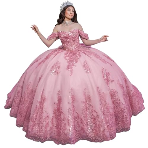 Mauuwy Ball Gown Light Pink Quinceanera Dresses Beaded XV Bow Dresses Puffy Big Vestido De 15 Años with Beaded Appliques Size 10