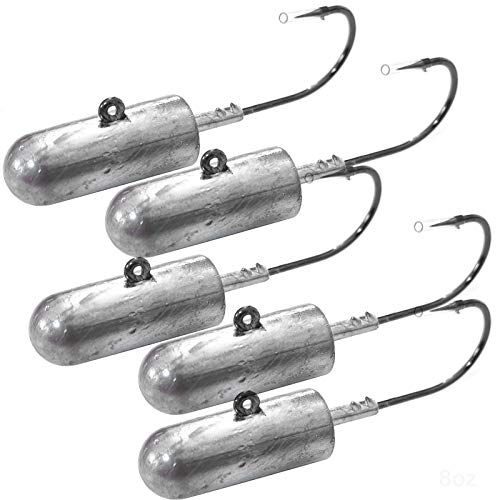 5pcs Fish WOW!® 8oz Bullet Jighead with 32786 MUSTAD 10/0 Hook 2X Strong Black Nickel Hooks unpainted Jig Heads - Plain
