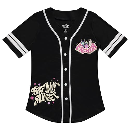 Disney Ladies Villains Baseball Jersey - Ursela, Cruella de Vil, and Maleficent Mesh Button Down Baseball Jersey (Black White, Medium)