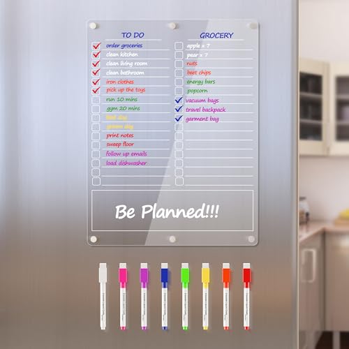 Neatsure Acrylic Grocery List Magnet Pad for Fridge, Reusable to Do List for Refrigerator, Clear Notepad Note Planning Board, Shopping List, Reminders, w/ 8 Colors Markers, 15"x11"