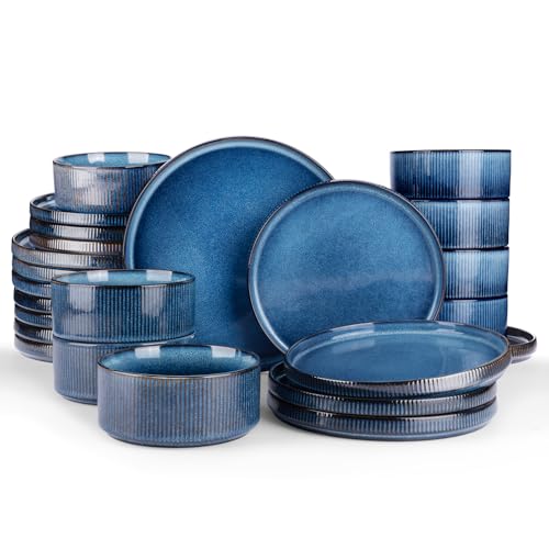 Famiware Star Plates and Bowls Sets, Modern Stoneware Dinnerware Sets for 8, 24-Piece Kitchen Dish Set - Microwave and Dishwasher Safe, Chip and Scratch Resistant, Nebulas Blue