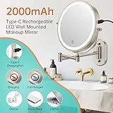 Rechargeable Wall Mounted Lighted Makeup Vanity Mirror 8 Inch Double Sided 1X 10X Magnifying Bathroom Mirror, 3 Color Lighting, Touch Screen Dimming, Extended Arm 360 Rotation Shaving Light up Mirror