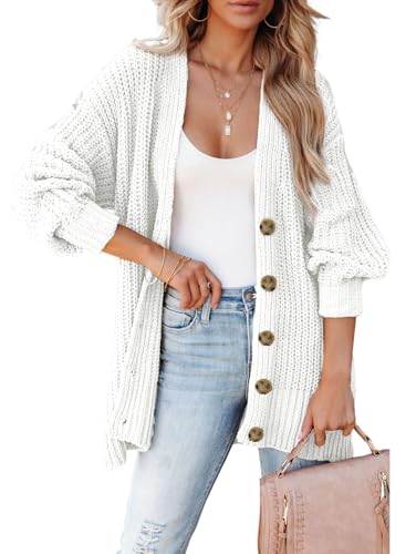 SHEWIN Womens Sweaters Spring Casual Long Sleeve Button Down Open Front Lightweight Cardigan Soft Cable Knit Sweater Winter Clothes for Women B White Large