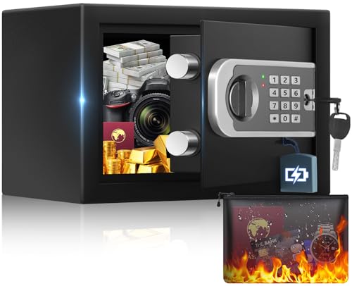 [UPGRADED] 0.35 Cuft Small Safe Box for Home, Mini Safes with Fireproof Waterproof Bag, Digital Money Safe with Programmable Keypad Spare Keys, Security Cash Box for Money Valuables