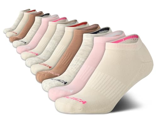 Nautica Womens No Show Socks - 12 Pack Cushioned Moisture Wicking Low Cut Womens Ankle Sock - Breathable Athletic Women Socks, Size 4-10, Neutral Assorted