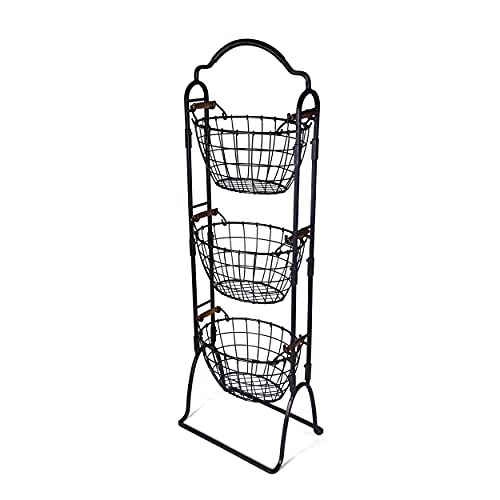 Gourmet Basics by Mikasa 5184916 Harbor Adjustable 3-Tier Metal Floor Standing Fruit/Home Storage Basket, Antique Black