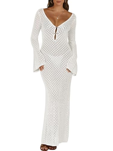 ANRABESS Women Swimsuit Swim Crochet Cover Up Knit Bathing Suit Swimwear 2025 Summer Bodycon Beach Dress Vacation Clothes White Large