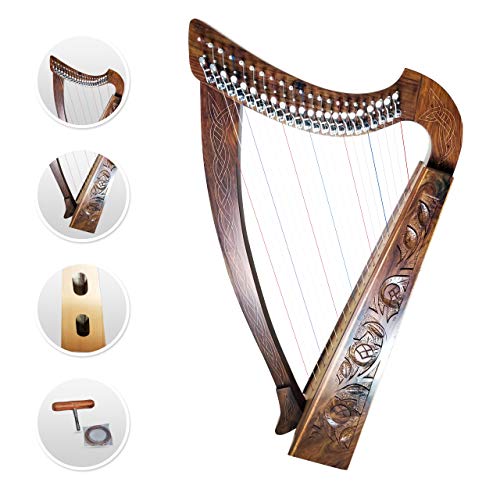 22 Strings Harp Irish Celtic Highland Solid Rosewood Natural Finishing Lever Tuning Key Extra Set included 33" inches tall Roseback