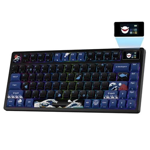 XVX 75% Keyboard with Color Smart Display, L75 Pro Low Profile Gasket Mechanical Gaming Keyboard, Bluetooth 5.1/2.4G Wireless/Type-C Wired Custom Anime Keyboard with RGB Backlit, Black Kanagawa Theme