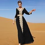 AFAVOM Moroccan Kaftan Dresses for Women Abaya Golden Lace Dress Handmade Embroidered Islamic Ramadan Eid Dress Traditional Arabic Dubai Muslim Prayer Robe Wedding Party Gown Black XL