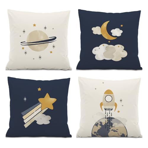 ISANOU Kids Bedroom Space Decorative Pillow Covers,Spaceship Galaxy Theme Throw Pillow Covers Decor for Boys Toddler Baby Room Playroom Classroom Nursery,18x18 Inch Pillowcase Set of 4
