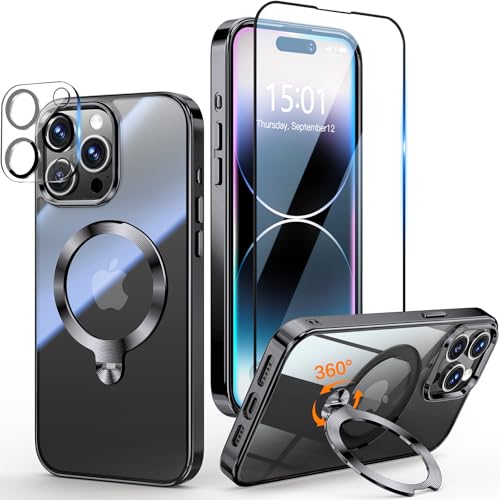 [Tri-Shield Protection] for iPhone 14 Pro Max Case with 360° Spin Stand Compatible with MagSafe [Magnetic CD Ring][Screen & Camera Lens Protector] Shockproof Plating Never-Yellowing, Black-6.7"