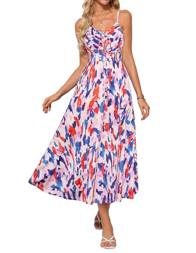 Summer Maxi Dresses for Women 2025 Floral Sleeveless Cutout Halter Neck Dress Beach Bohemian Casual Long Sundress with Pocket Red Blue Floral M