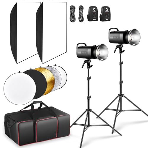 NEEWER S102-400W PRO Flash Lighting Kit (2 Pack) with 2X 2.4G Trigger, 2X Photography Light Stand, 2X Softbox, 5 in 1 Reflector, Bag, 400Ws GN62 5600K 30W LED Modeling Lamp Bowens Mount Silent Fan