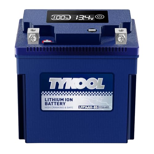 TYKOOL YTX14AH-BS High Performance LiFePO4 Lithium ATV Battery,12V 8Ah,480CCA,5X Longer Life,Digital Readout,Fits for Polaris Sportsman 500 ATV,UTV,Motorcycle, Snow mobile,Polarity:[+ -]