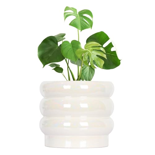 YFFSRJDJ 10 inch Ceramic Plant Pots for Indoor Plants, Rainbow Pearl Glaze Planter with Planters for Plants with Drainage Hole, Orchid Pots, Succulent Pot, Large Flower Pot (White)